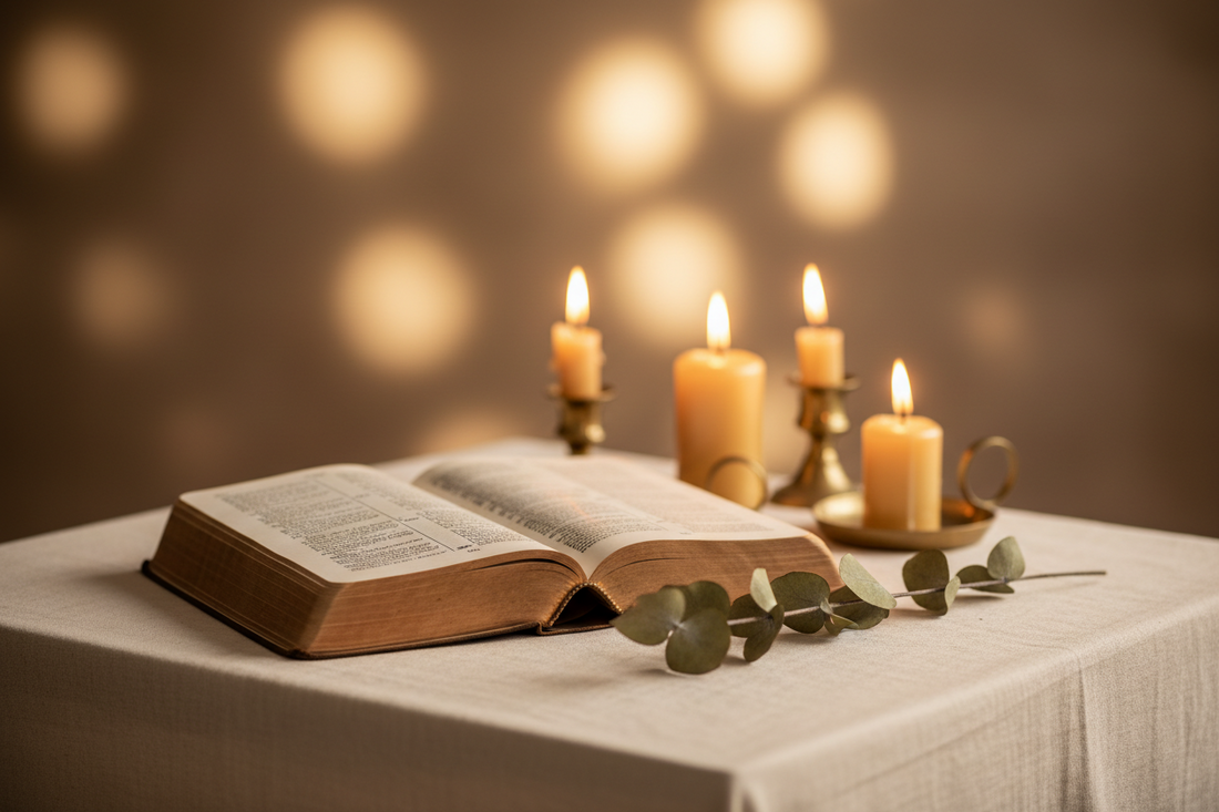Open Bible beside a lit candles representing prayer and peace during anxious moments