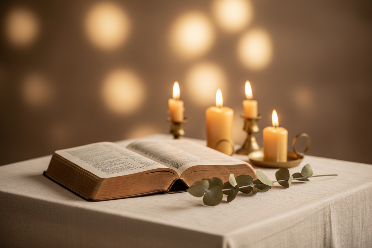 Open Bible beside a lit candles representing prayer and peace during anxious moments