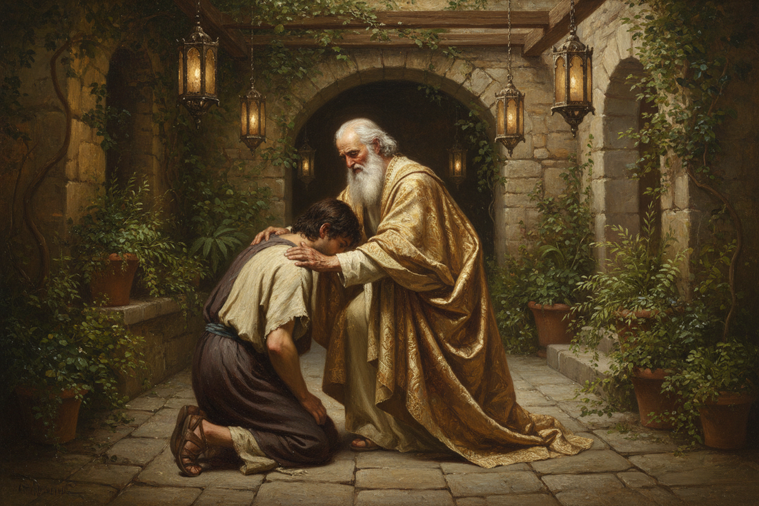 Father welcoming his returning son in an illustration of the prodigal son