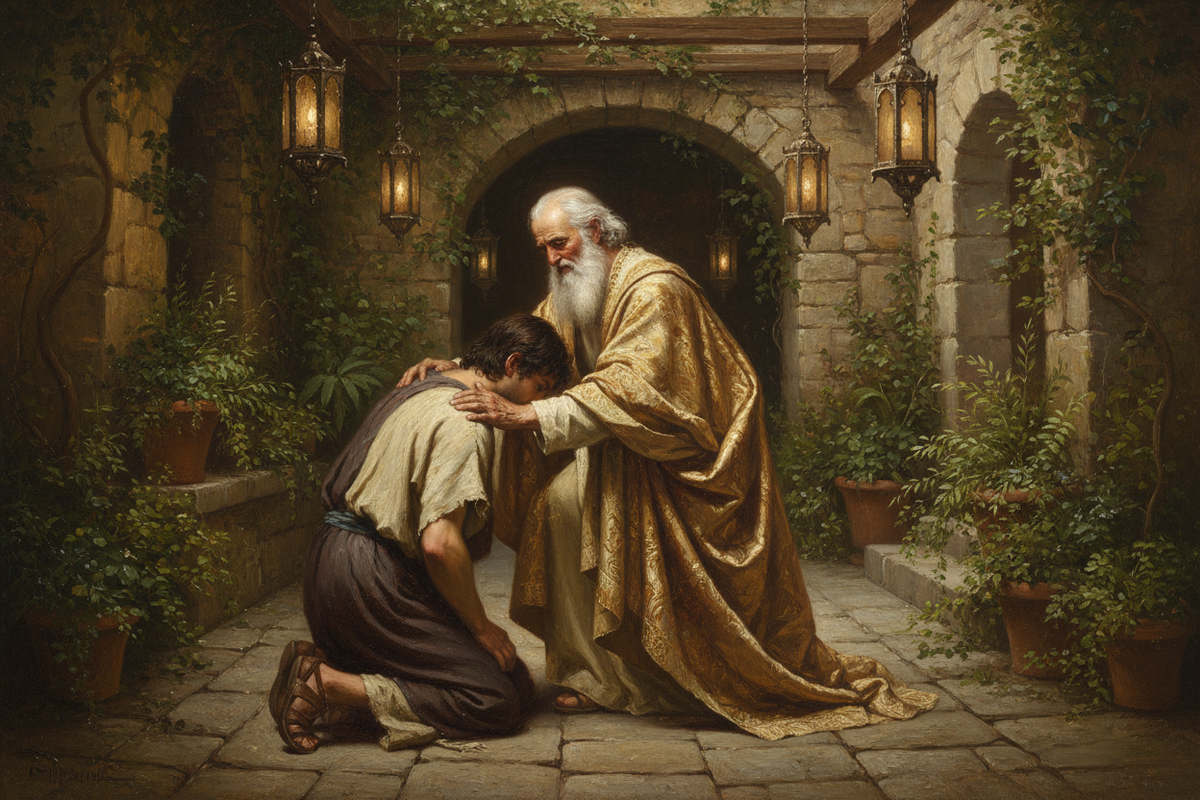 Father welcoming his returning son in an illustration of the prodigal son